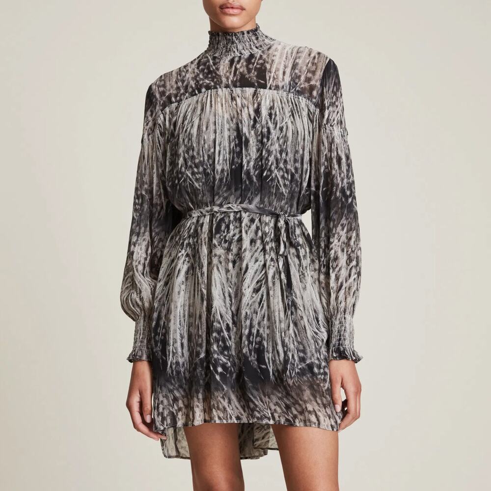 AllSaints Elita Pembury Smocked Trim Dress Feather Print Shift SZ 4 US